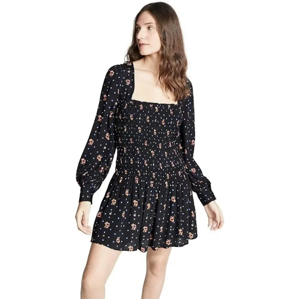 Free People Two Faces Mini Dress Black Floral Smocked‎ Long Sleeve Size S